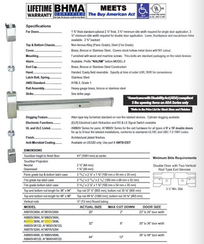 A9890V3696  - Surface Vertical Rod  30"-36" x 96" Exit Device