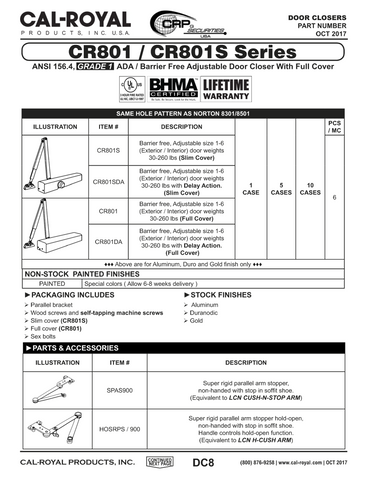 CR801DA... CAL-ROYAL HYDRAULIC DOOR CLOSER